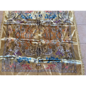 Vintage Asian Tapestry Brocade Piano Shawl Gold Chinese 48" Tablecloth Excellent